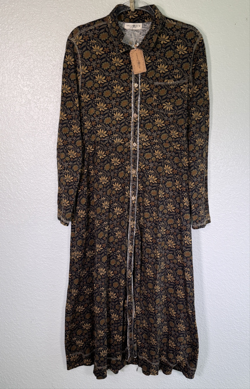 Natural Life Christa Dress Womens Medium Floral Button Front Maxi Boho Fall NEW